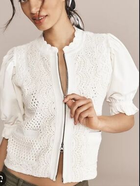 By Anthropologie White Eyelet Zip Front Puff Sleeve Top with Scallop Trim